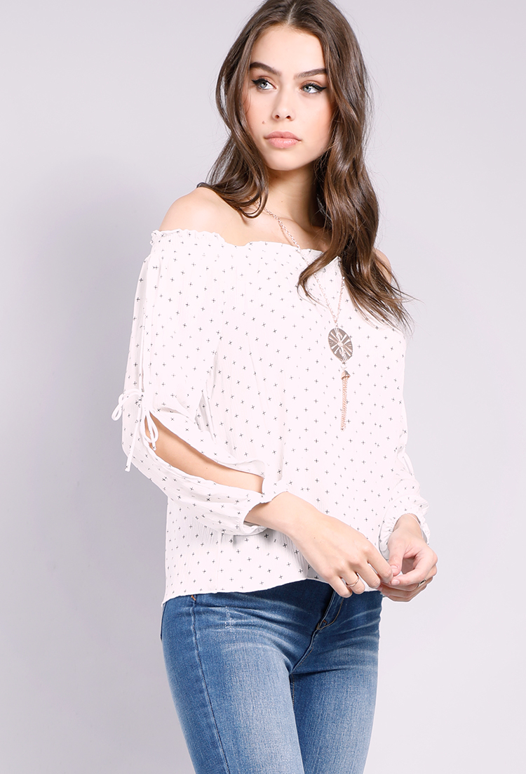 Abstract Pattern  Frill-Trim Off-The-Shoulder Top W/Necklace