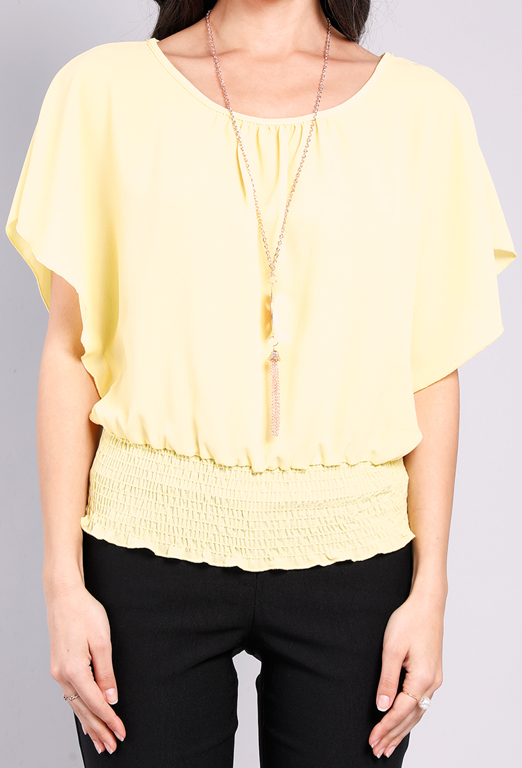 Smocked Batwing Top W/Necklace