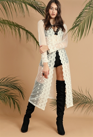 Lace Floral Embroidered Scallopped Button Up Kimono