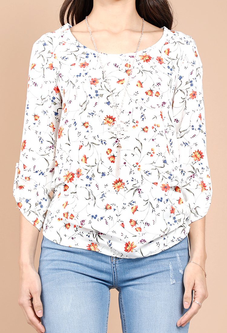 Floral Cuffed Blouse W/Necklace