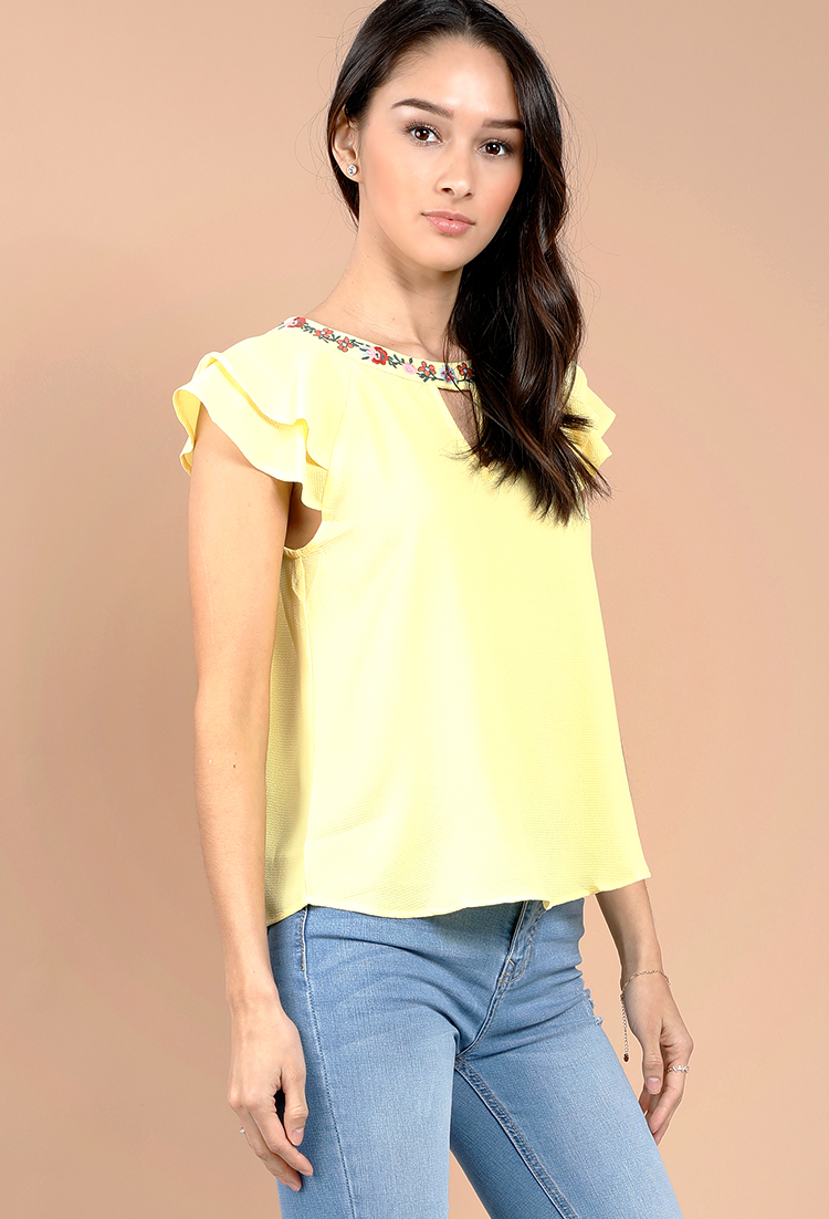 Embroidered Round Neck Cap-Sleeve Top
