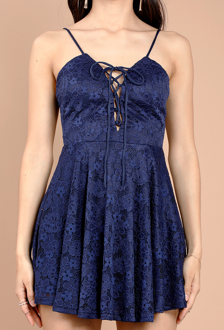 Lace Overlay Crisscross-Tied Fit-And-Flare Dress