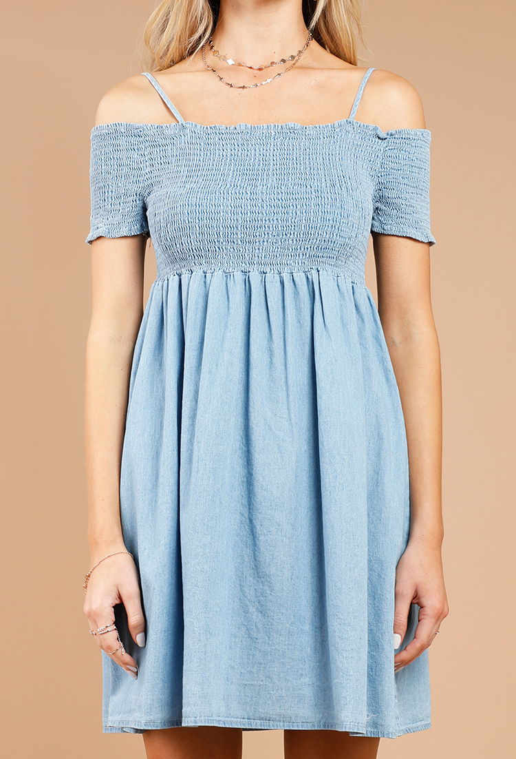 Off-The-Shoulder Smocked Chambray Dress