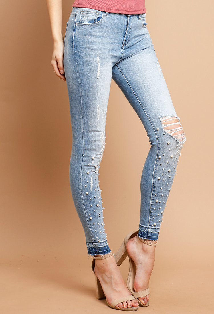 Faux Pearl Embellished Distressed Skinny Jeans