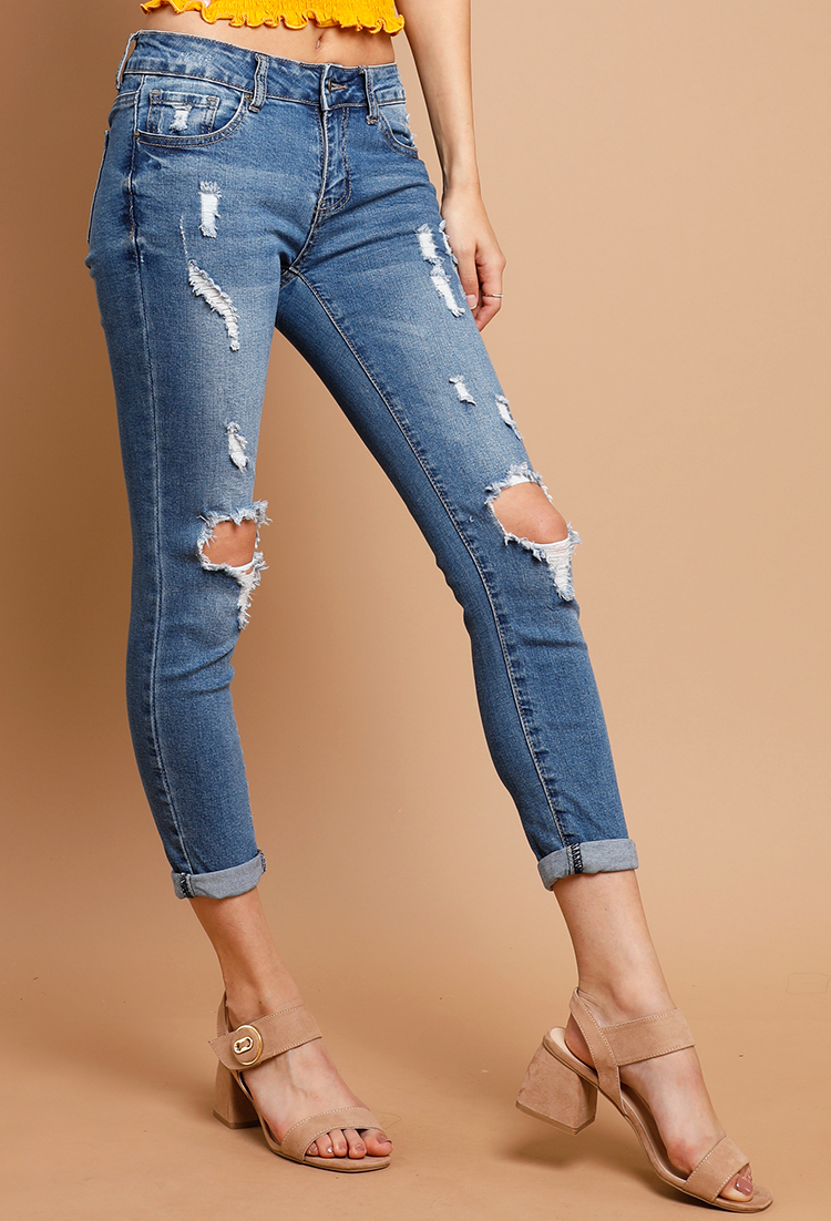 Distressed Roll-Up Skinny Jeans