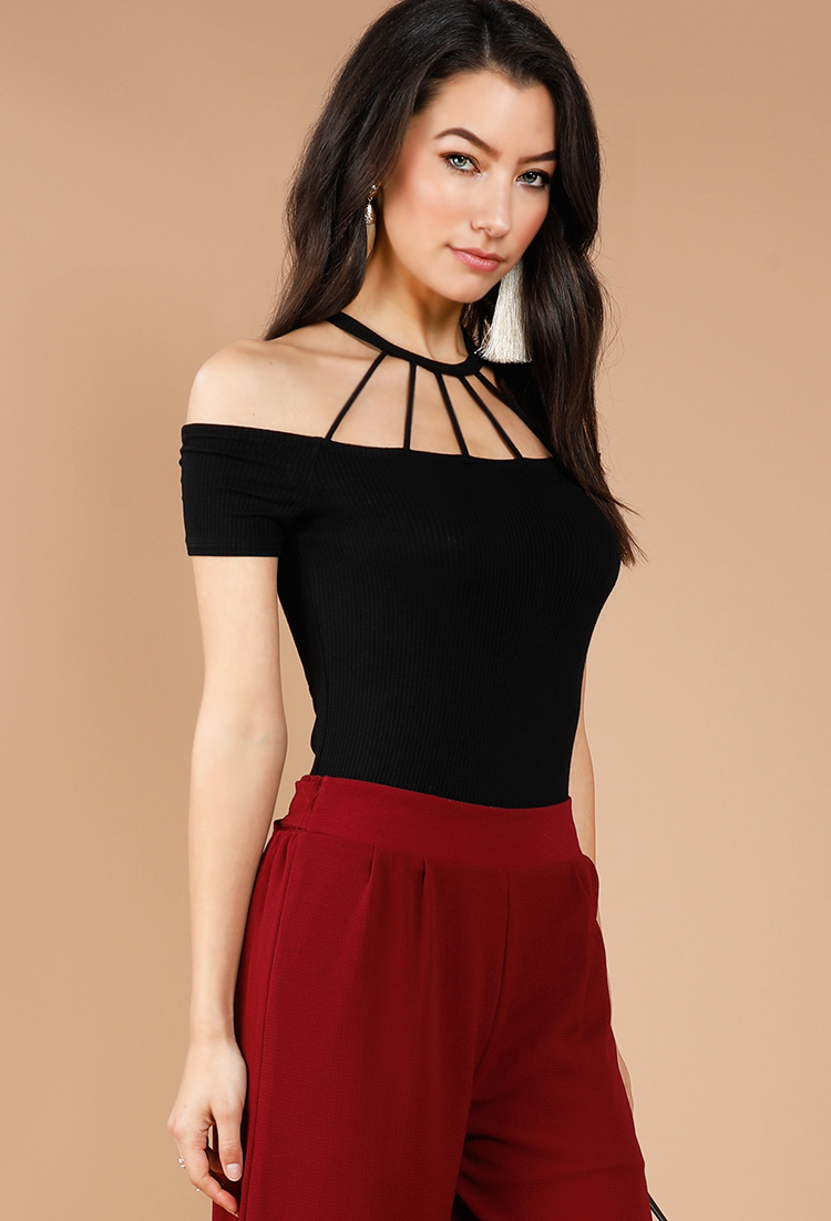 Caged Choker Off-The-Shoulder Knit Top