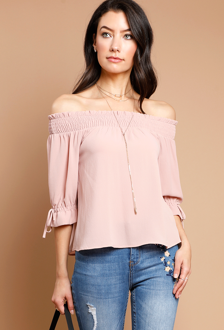 Frill-Trim Off-The-Shoulder Tie-Sleeve Top