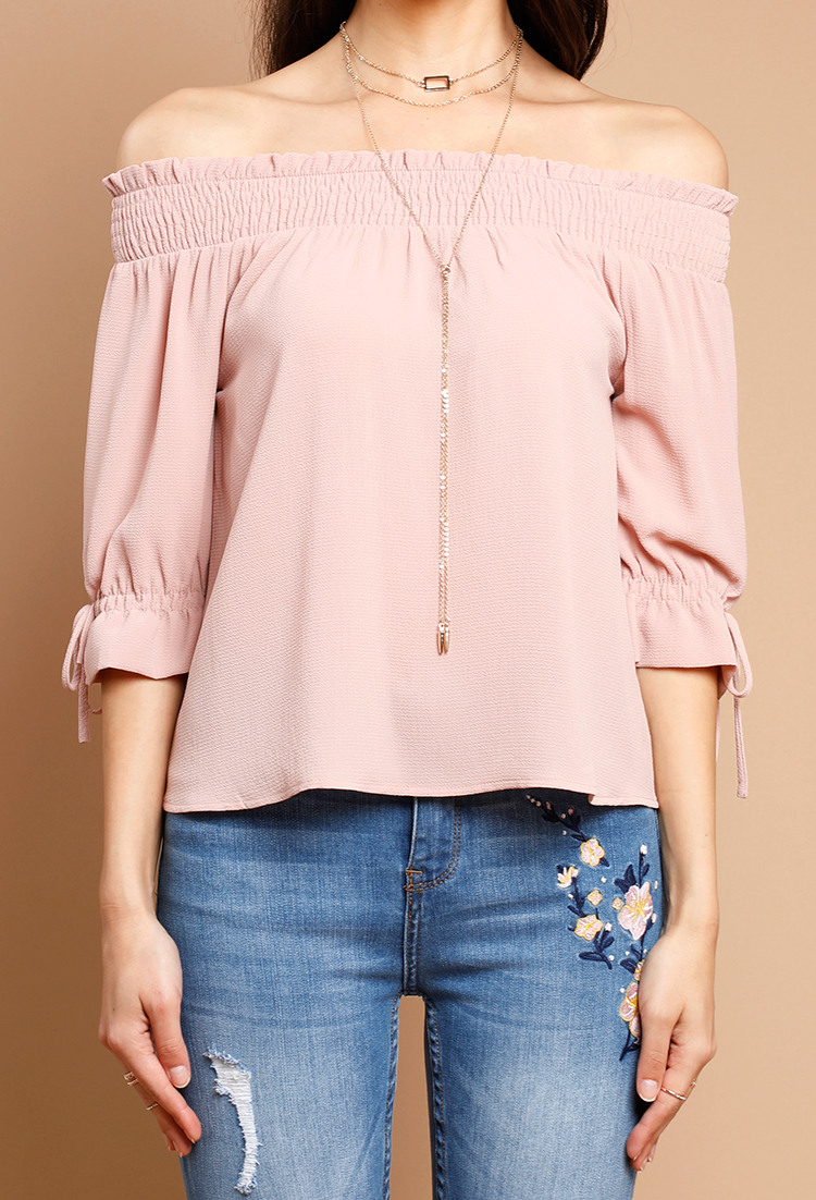 Frill-Trim Off-The-Shoulder Tie-Sleeve Top