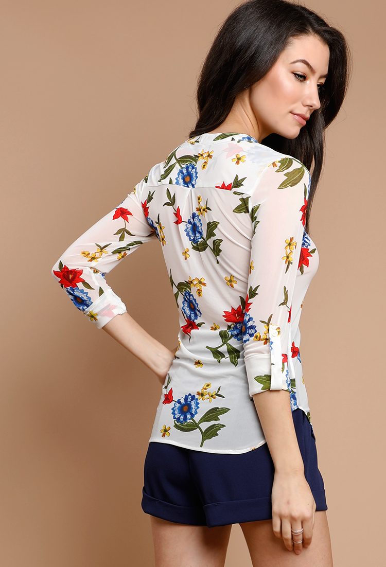 Floral Mesh Roll-Up Blouse