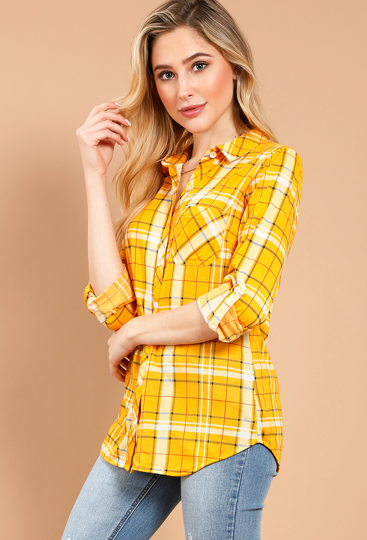 Plaid Button-Up Cuffed Top