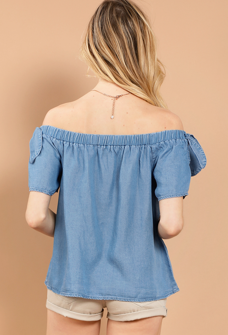 Chambray Off-The-Shoulder Tie-Sleeve Top