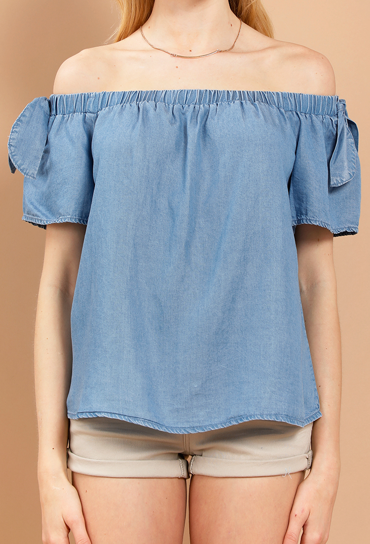 Chambray Off-The-Shoulder Tie-Sleeve Top