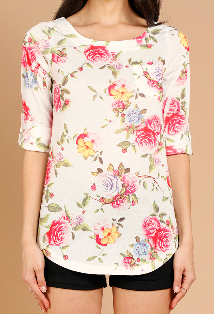 Floral Cuffed Boat Neck Top