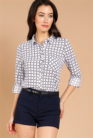 Cuffed Button-Up Plaid Blouse