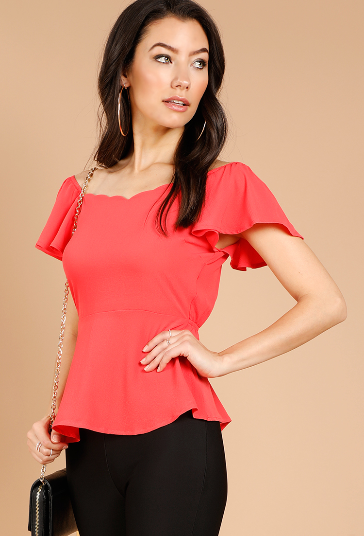Scalloped Peplum Off-The-Shoulder Blouse