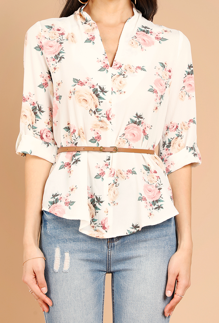 Belted Floral High-Low Blouse