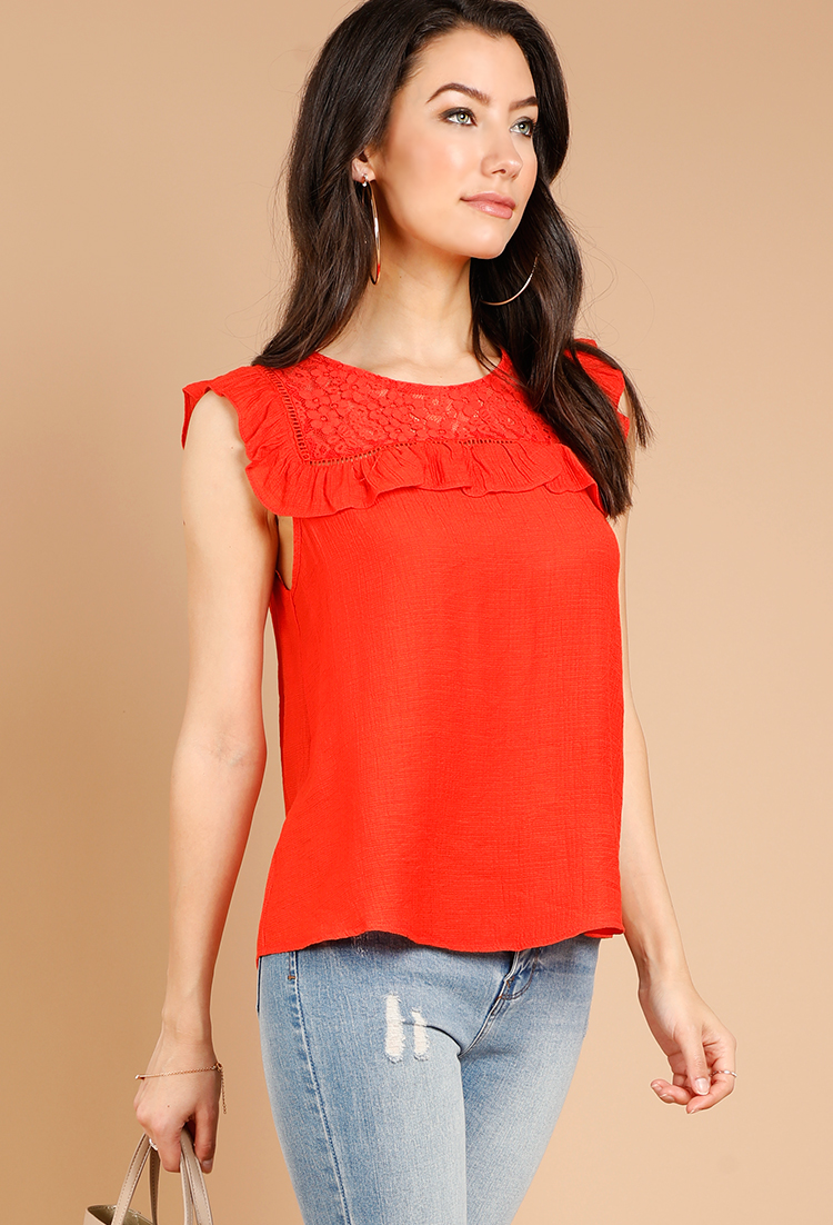 Frill-Trim Lace Detail Ruffle Sleeve Top
