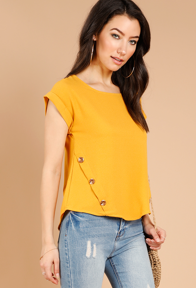 Button Side-Detail Boat Neck Top