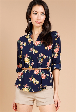 Belted Floral High-Low Blouse