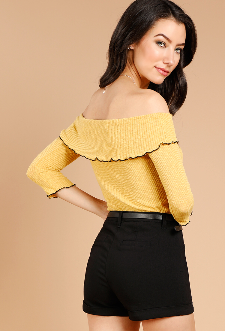 Contrast Trim Ribbed Of-The-Shoulder Flounce Top