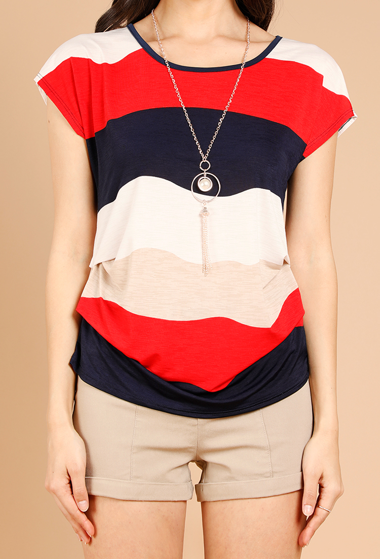 Striped Cap-Sleeve Top W/Necklace