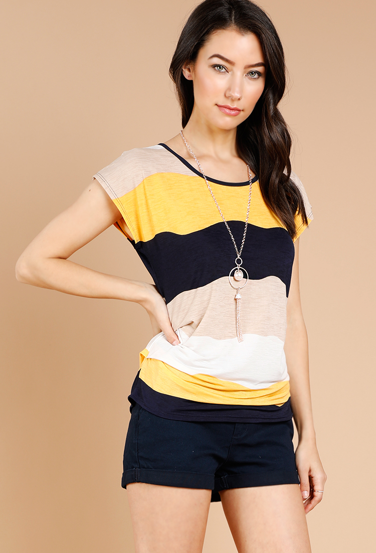 Striped Cap-Sleeve Top W/Necklace