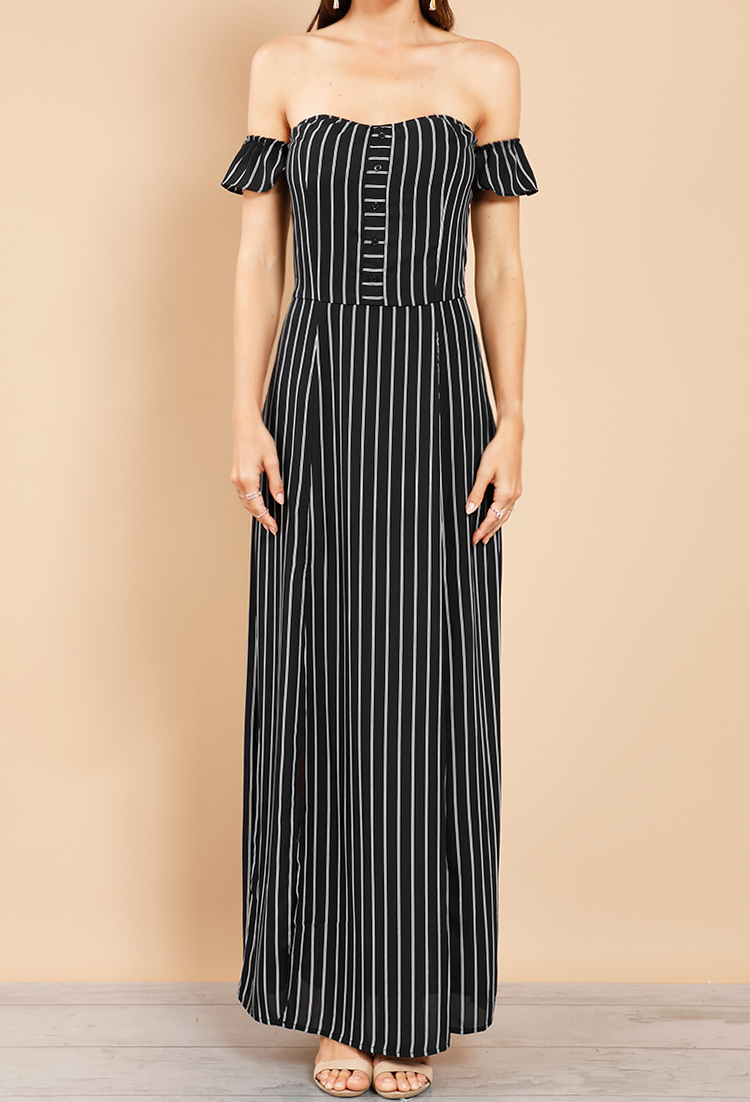 Striped Off-The-Shoulder M-Slit Maxi Dress