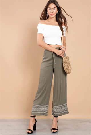 Embroidered Drawstring Wide-Leg Pants