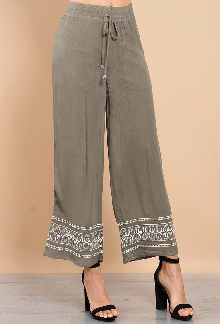 Embroidered Drawstring Wide-Leg Pants