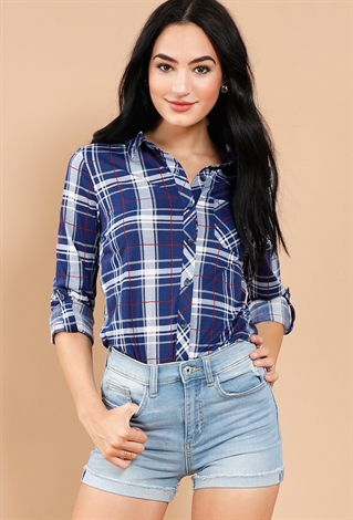 Plaid Button-Up Cuffed Top