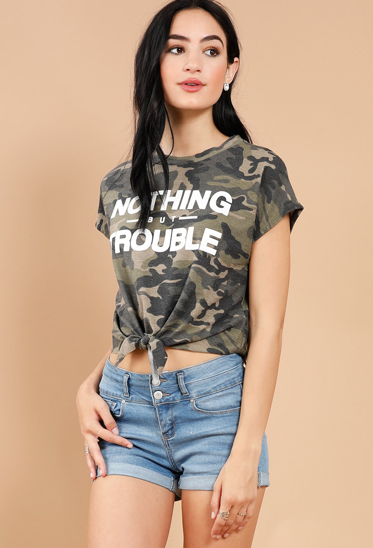 Camo Nothing But Trouble Graphic Tie-Front Tee