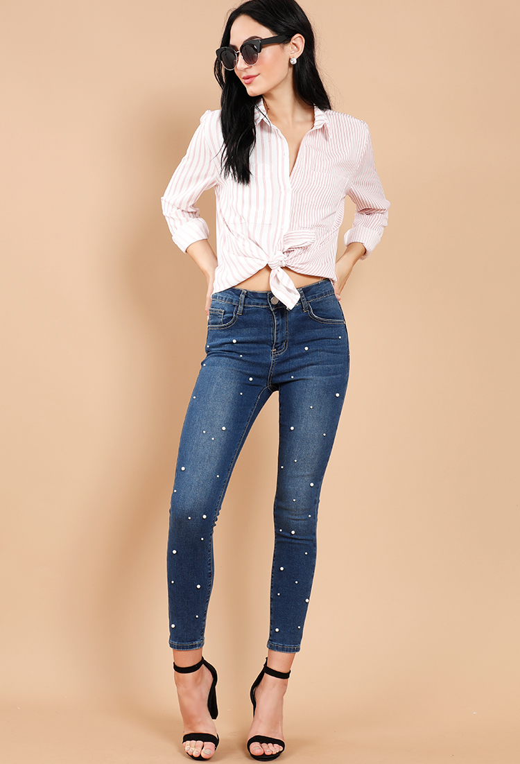  Pearl Embellished Skinny Jeans