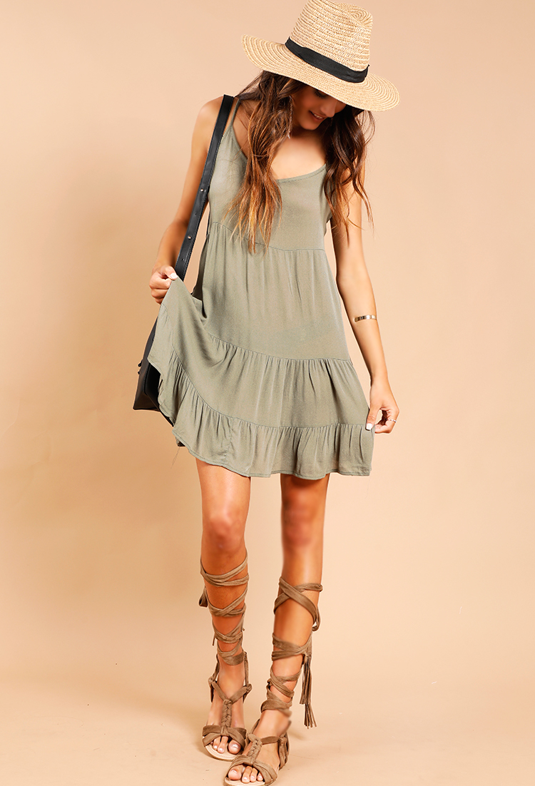 Tiered Lace-Up Detail Swing Dress