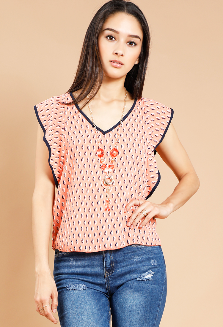 Abstract Print Top W/Necklace