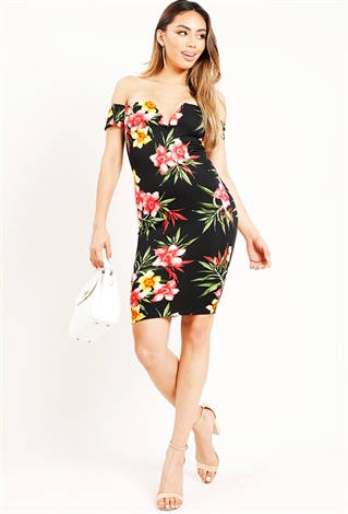 Tropical Floral Off-The-Shoulder Midi Bodycon Dress