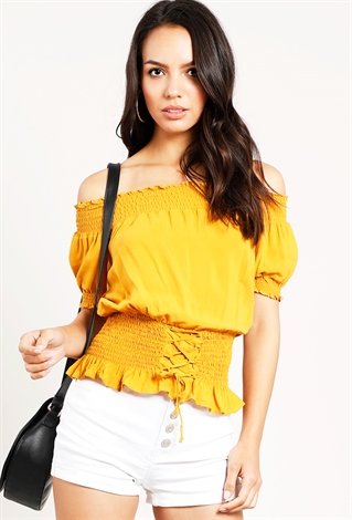 Smocked Off-The-Shoulder Puff-Sleeve Top