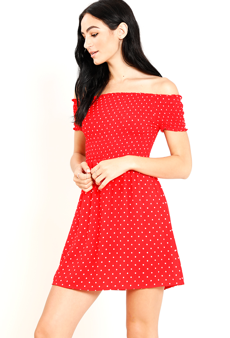 Smocked Polka Dot Off-The-Shoulder Dress 