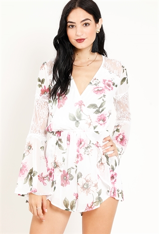 Lace Accented Chiffon Floral Romper 