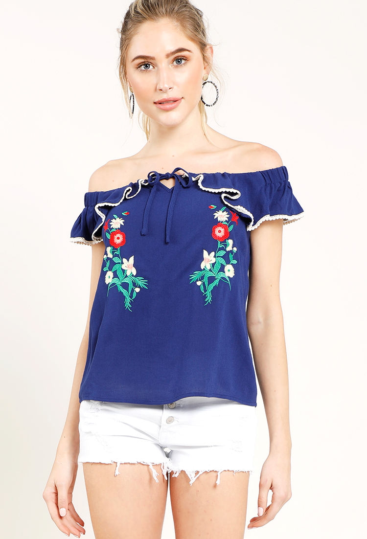 Floral Embroidered Front Tie Off The Shoulder Top
