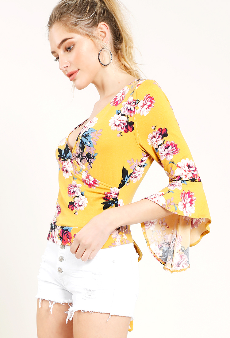 Front Tie Trumpet Sleeve Accented Floral Top 