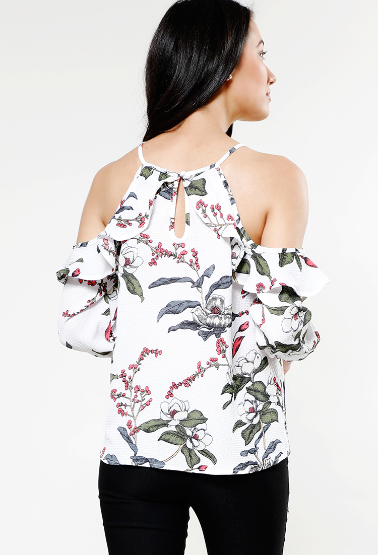 Cold Shoulder Ruffle Accented Floral Top 