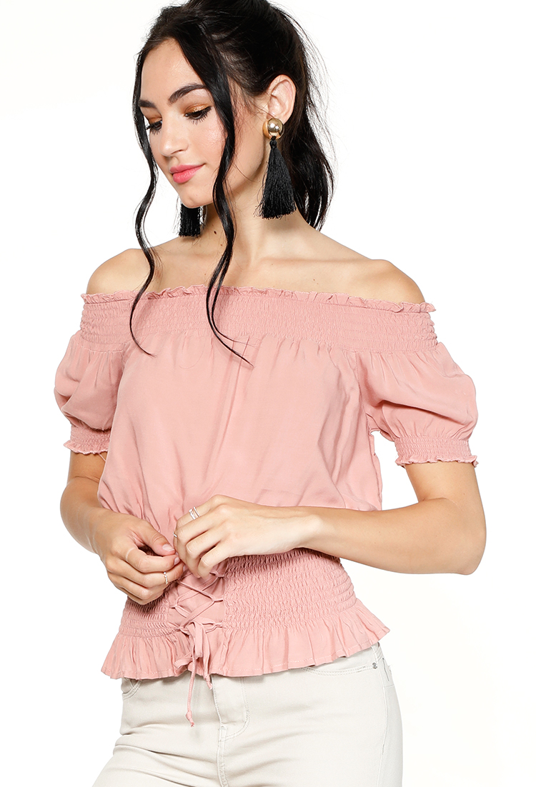 Smocked Off-The-Shoulder Puff-Sleeve Top