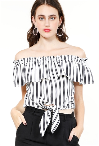 Striped Off-The-Shoulder Tie-Front Top