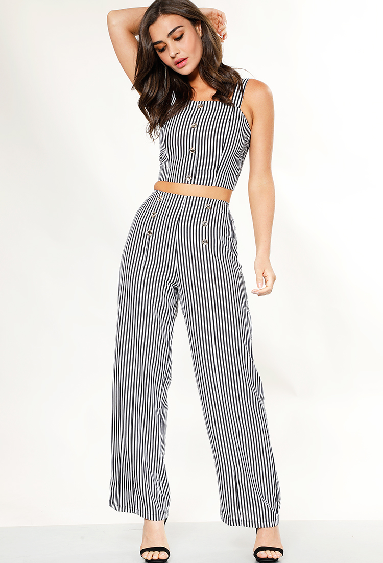 Multi Button Accented Striped Palazzo Pants 