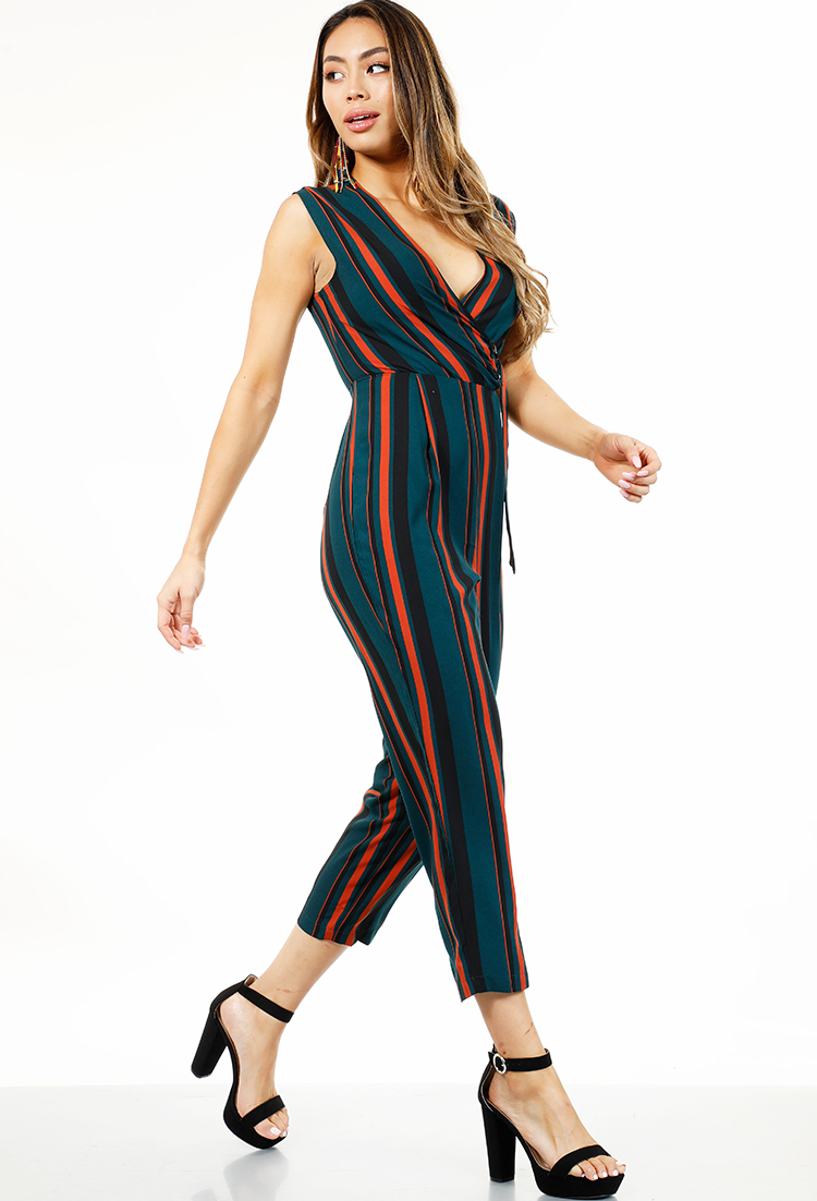 Striped Jumpsuit With Front Tie Back Ring 