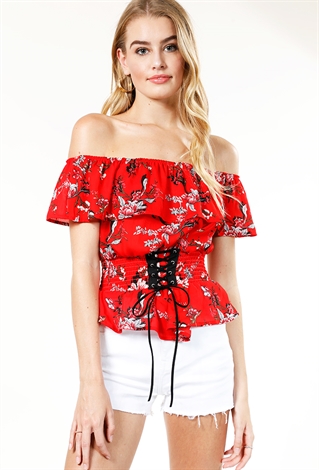 Off Shoulder Smocked Lace Accented Floral Print Top 