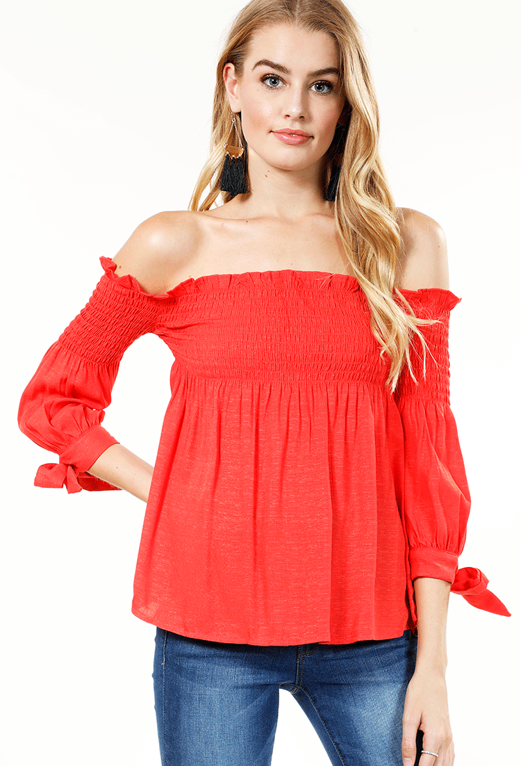 Smocked Off The Shoulder Top With Tie Sleeve Detail 