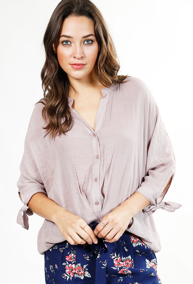 Tie Sleeve High-Low Button Front Top