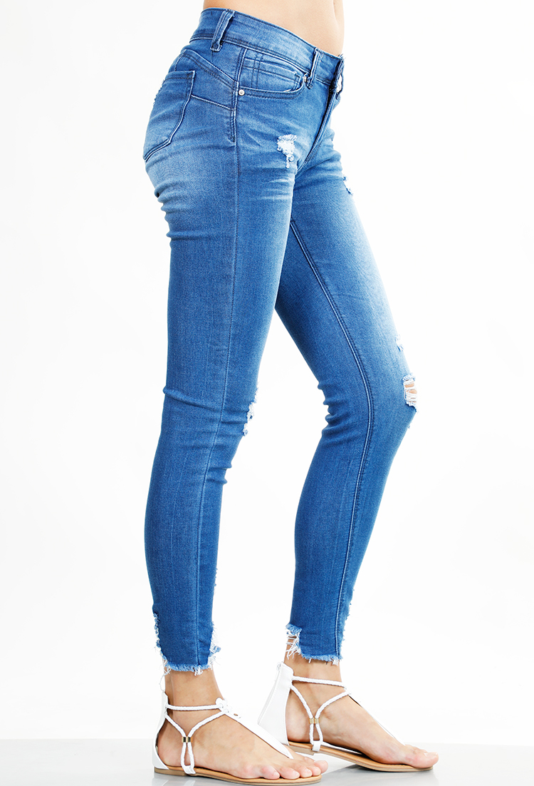 Distressed Fringe Accented Skinny Jeans 