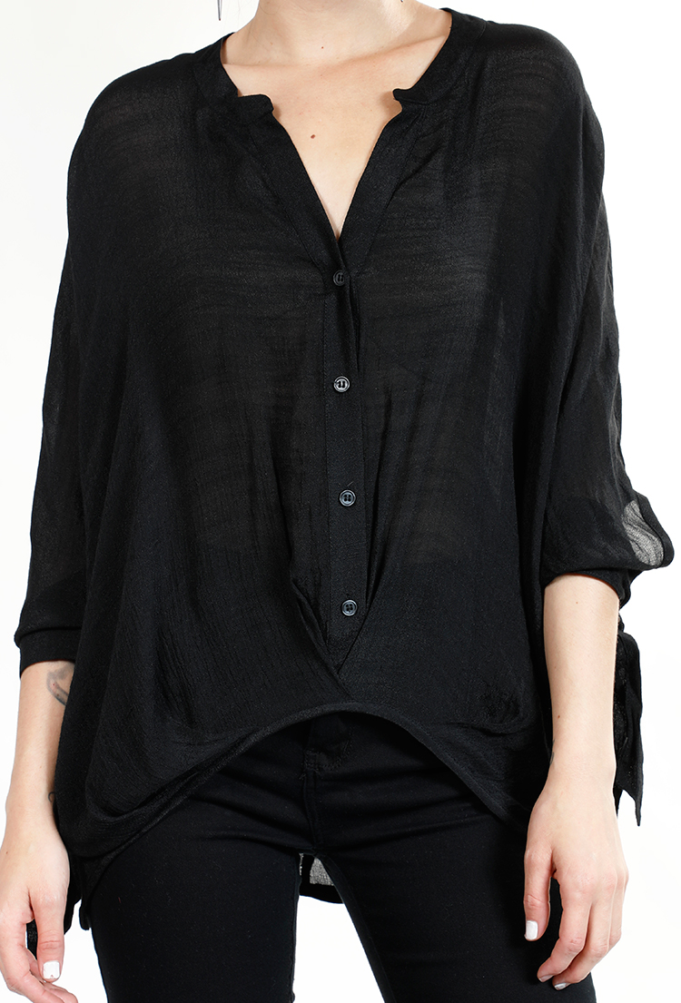 Tie Sleeve High-Low Button Front Top
